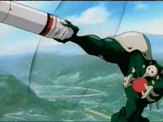 El ángel detiene fácilmente un misil con su mano.